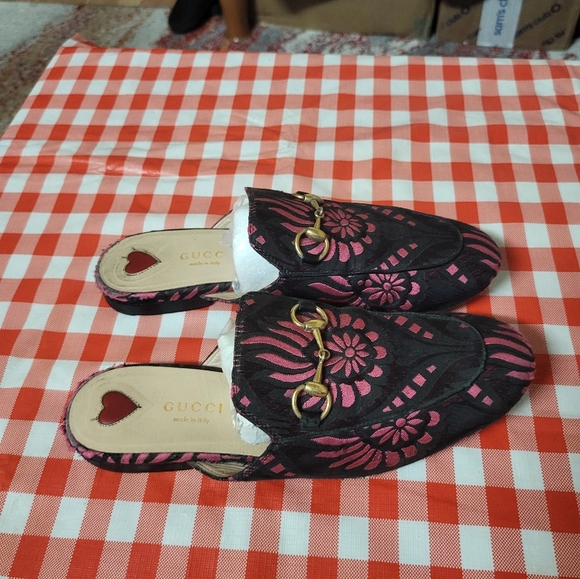 Gucci Black/Pink Printed Fabric Princetown Flat Mules Size 36 - Picture 2 of 11